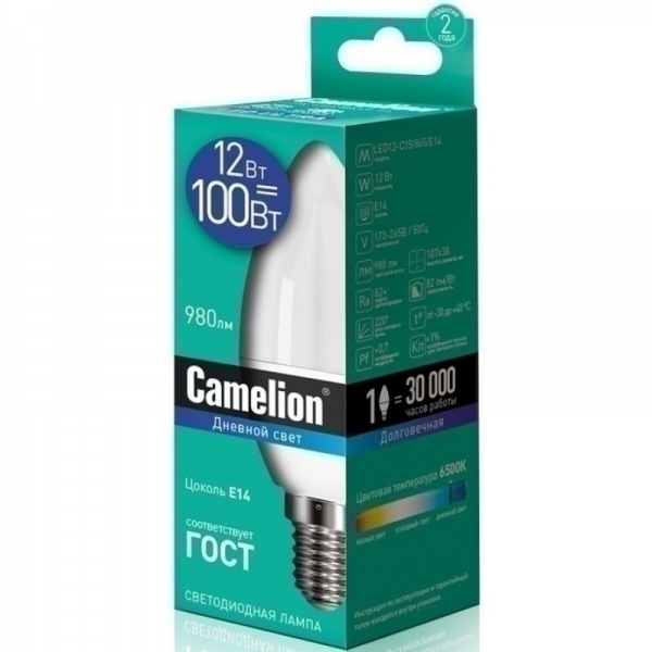 Camelion.Лампа светодиодная 12 Вт 6500K-E14 свеча