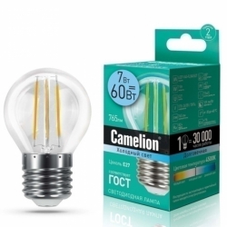 Camelion.Лампа светодиодная филаментная 7 Вт 3000K-E14 шарик
